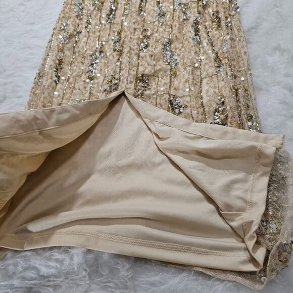 MAC DUGGAL Square Neck Golden Striped Sequin Sleeveless Midi Dress 8 - Picture 12 of 12